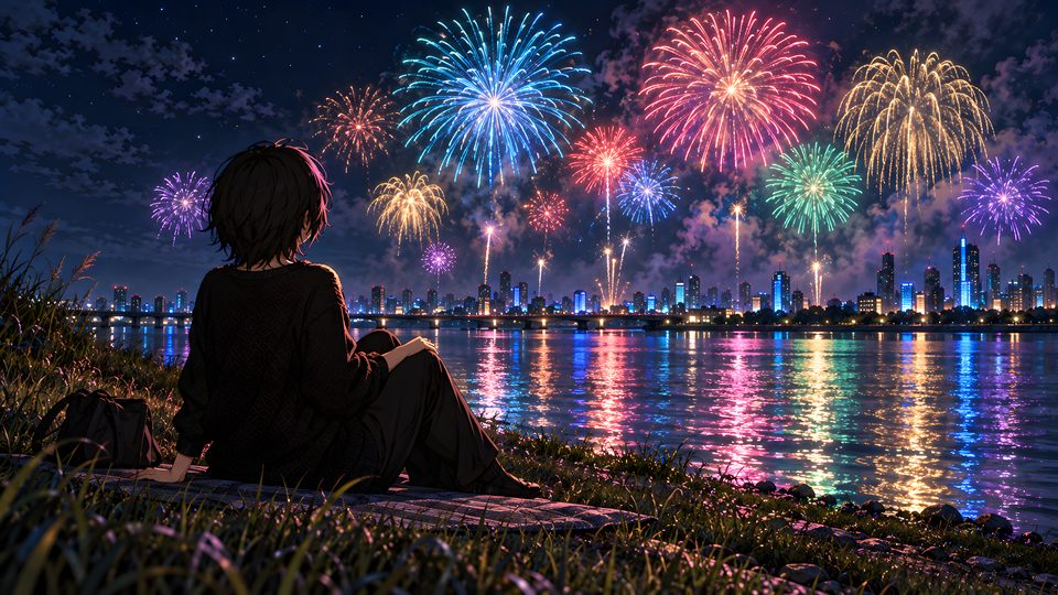 夜の川べりに座り、対岸の街の上に上がる花火をながめる後ろ姿。