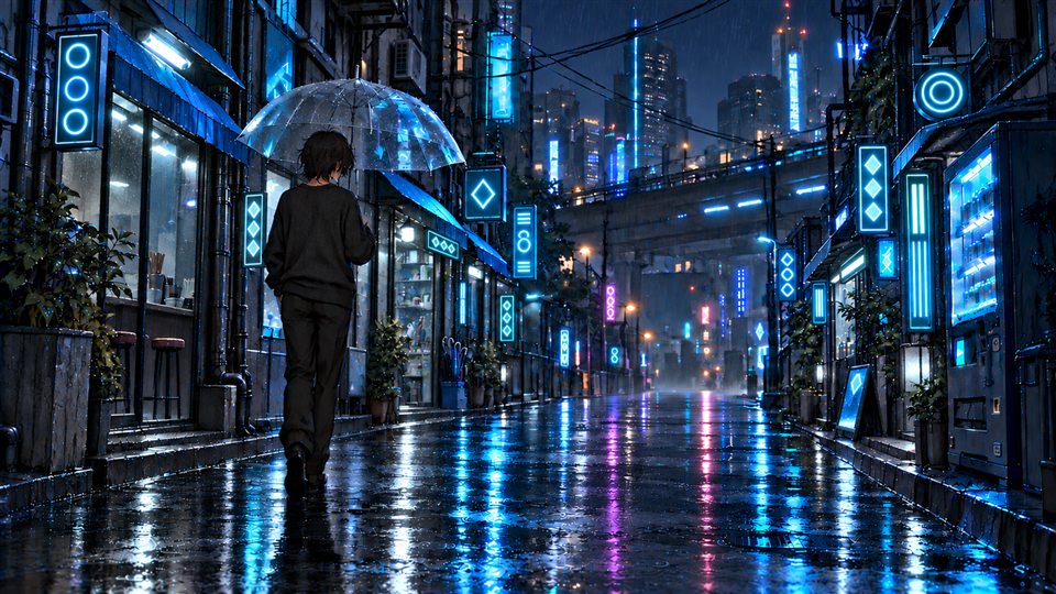 雨の夜、ネオンの灯る路地を、透明な傘をさして歩く後ろ姿。