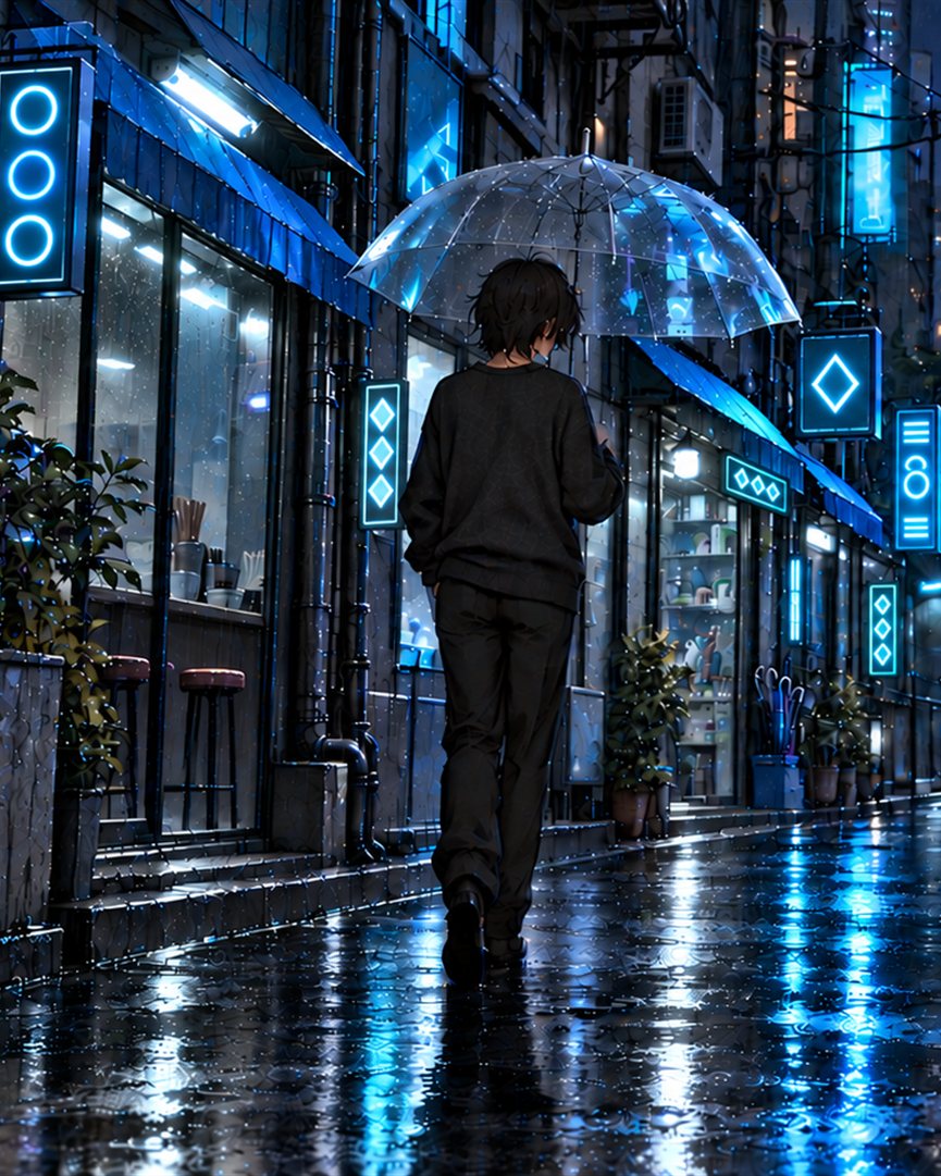 雨の夜、ネオンの灯る路地を、透明な傘をさして歩く後ろ姿。