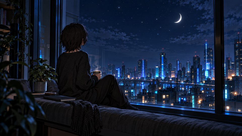 夜の窓辺に座り、マグを手に街の夜景をながめる後ろ姿。