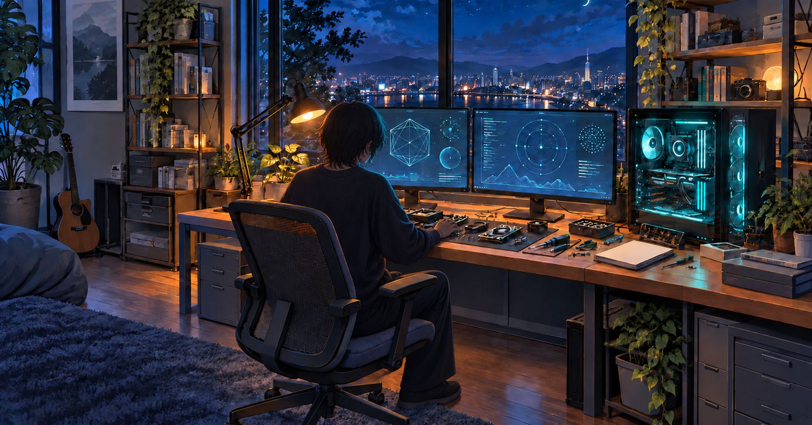 夜の部屋で、机に向かって作業をする人の絵（hikari.studio.works のヘッダーの絵）